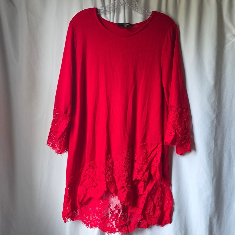 Suzanne Betro Red Lace Trim Asymmetrical Hem Tunic Top 3/4 Sleeve Large